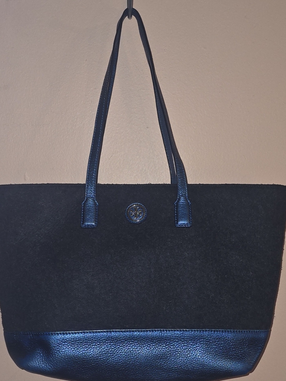 Tory Burch Emma Grey Blue Tote Bag Logo Accent Wool